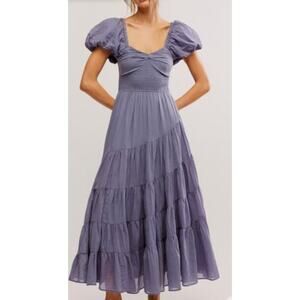 Free People Sundrenched Smocked Puff Sleeve Maxi Dress Blue Granite (Purple) Med